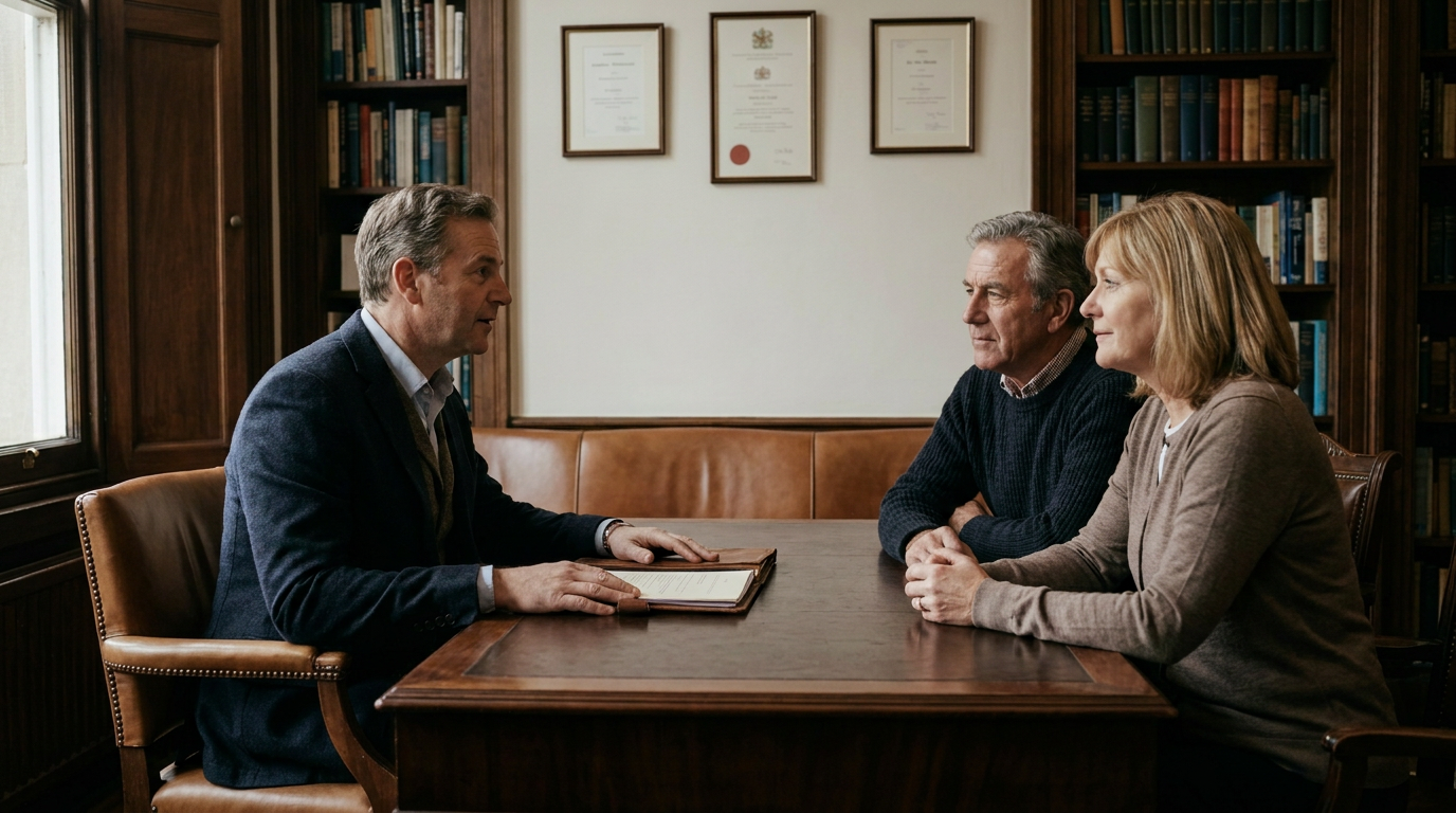 A British couple in their late fifties sitting across a dark mahogany desk from their financial adviser in his panelled study, listening as he talks them through an open folder. Warm natural light, trust being established.