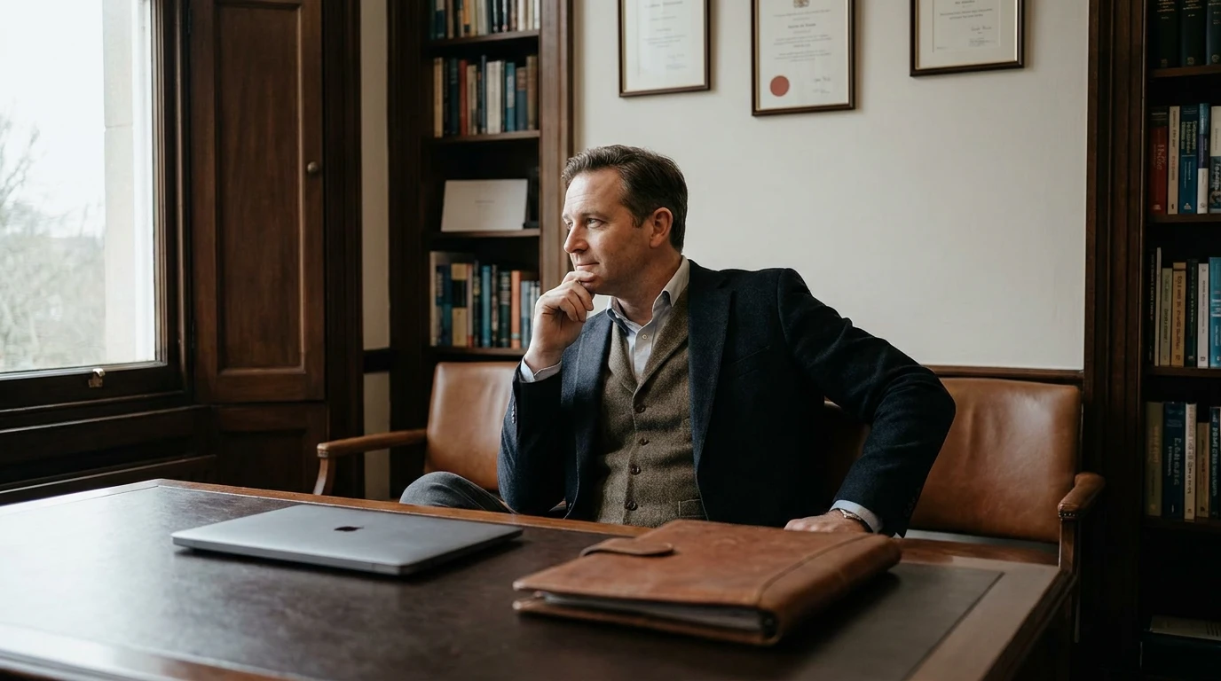 A financial adviser in their mid-forties to mid-fifties at a private office desk, turned slightly away and looking out of a window, calm and reflective, with a closed laptop and a single folder on the desk.